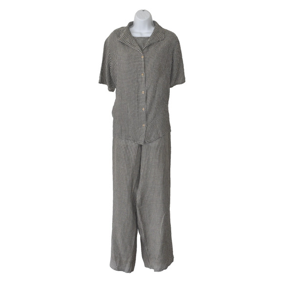B5 Auth EILEEN FISHER Gray/Black Tan Check Linen Shirt Top Pants 3 Pc Set Size L - Picture 1 of 8